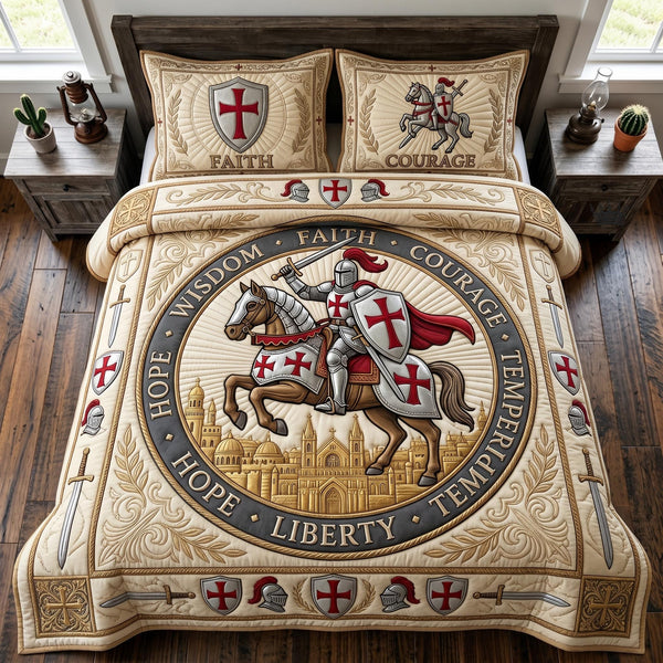 Faith Armor quilted 3-piece bedding set on a made bed in a softly lit bedroom