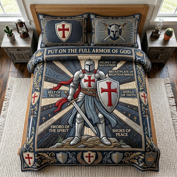Divine Armor quilted 3-piece bedding set on a made bed in a softly lit bedroom
