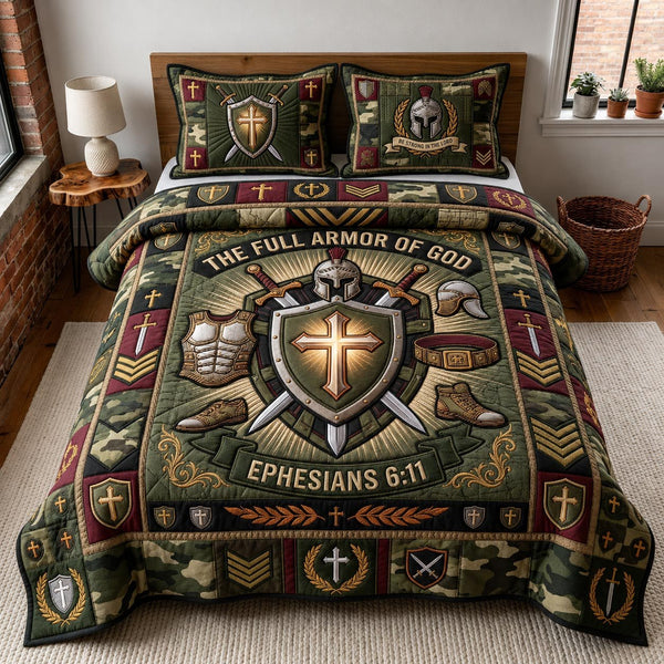Faith Shield quilted 3-piece bedding set on a made bed in a softly lit bedroom