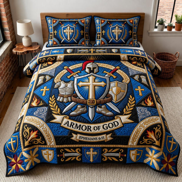 Armor Glory quilted 3-piece bedding set on a made bed with two matching pillow shams
