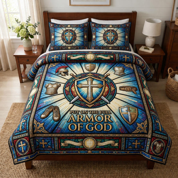 Armor Strength quilted 3-piece bedding set on a made bed with two matching pillow shams