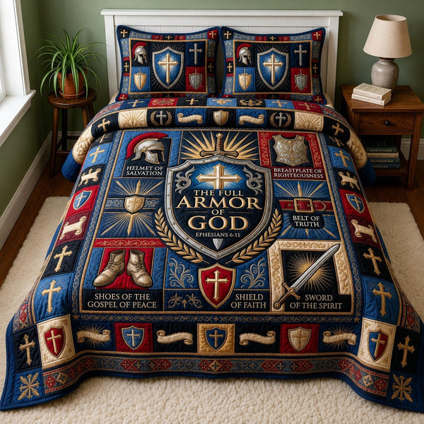 Divine Strength quilted 3-piece bedding set on a made bed in a softly lit bedroom
