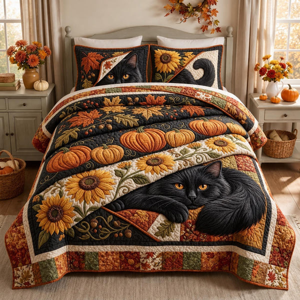 Autumn Whiskers quilted 3-piece bedding set on a made bed with two matching pillow shams