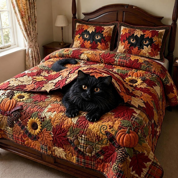Autumn Cat quilted 3-piece bedding set on a made bed with two matching pillow shams