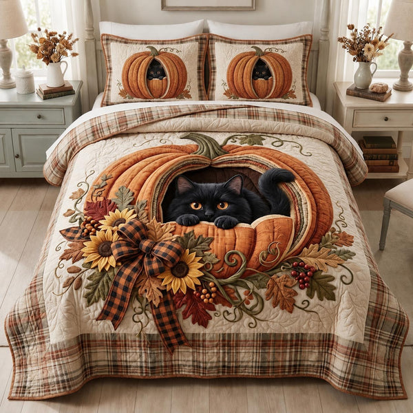 Black Whiskers quilted 3-piece bedding set on a made bed with two matching pillow shams