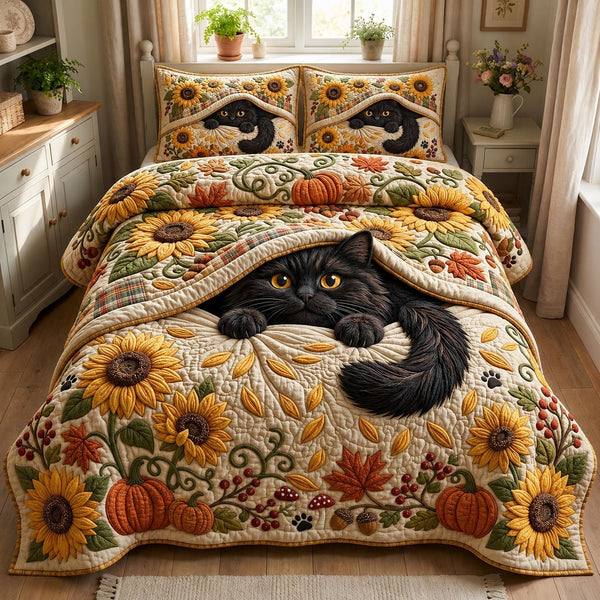 Autumn Paws quilted 3-piece bedding set on a made bed with two matching pillow shams
