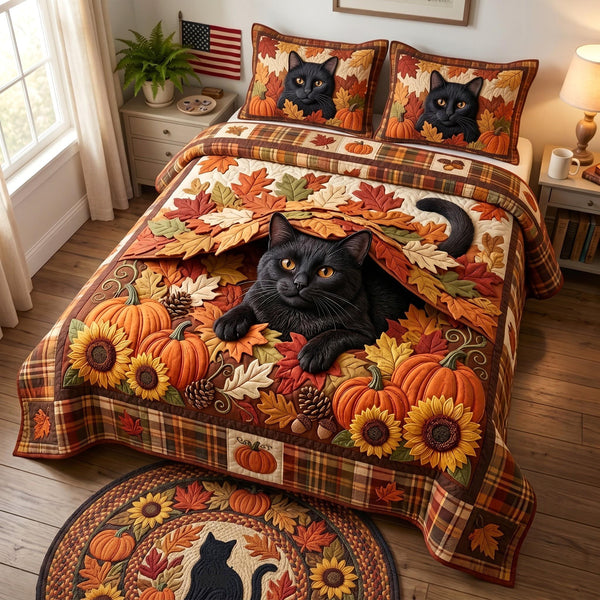 Autumn Cat quilted 3-piece bedding set on a made bed with two matching pillow shams