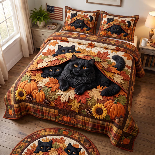 Autumn Cat quilted 3-piece bedding set on a made bed with two matching pillow shams
