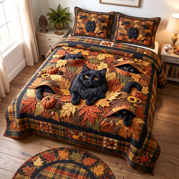 Autumn Cat quilted 3-piece bedding set on a made bed with two matching pillow shams