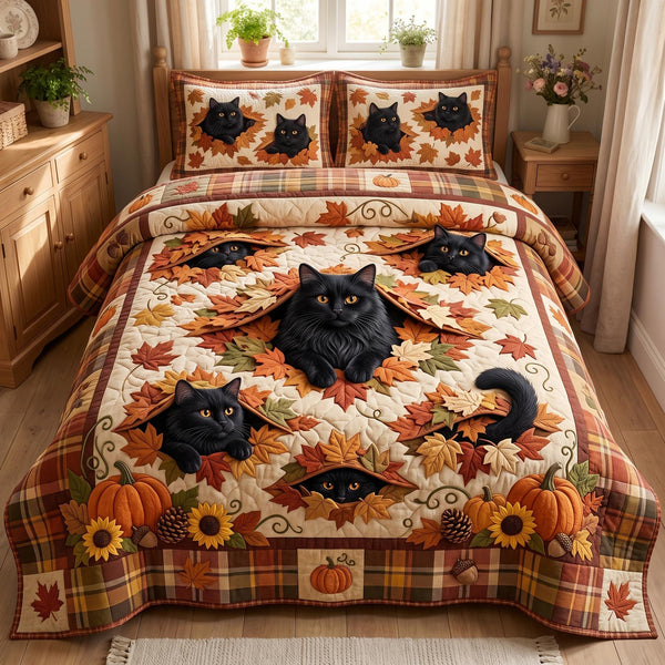 Autumn Cat quilted 3-piece bedding set on a made bed with two matching pillow shams