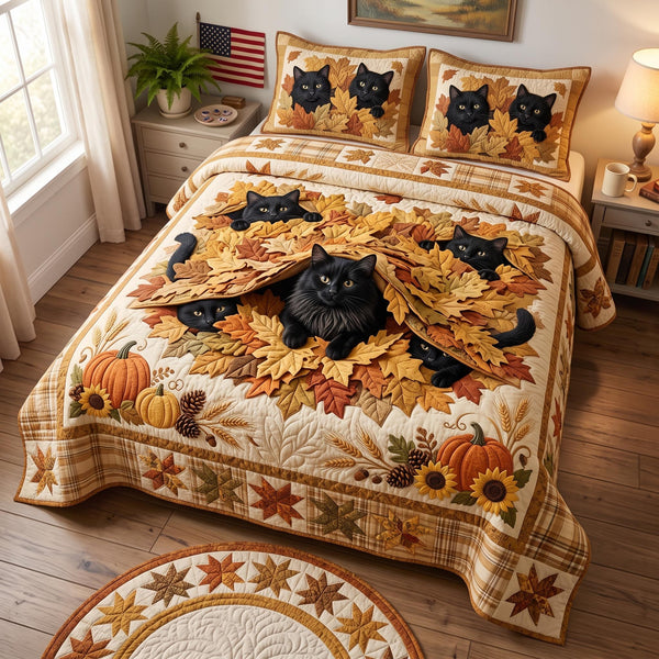 Autumn Cat quilted 3-piece bedding set on a made bed with two matching pillow shams