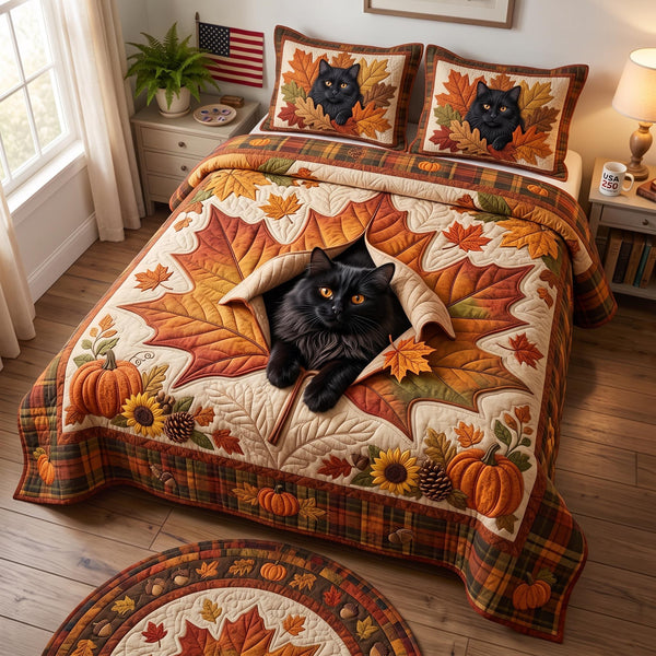 Autumn Cat quilted 3-piece bedding set on a made bed with two matching pillow shams