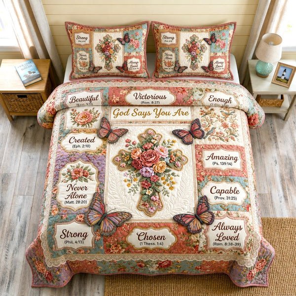 Floral Bible quilted 3-piece bedding set on a made bed in a softly lit bedroom