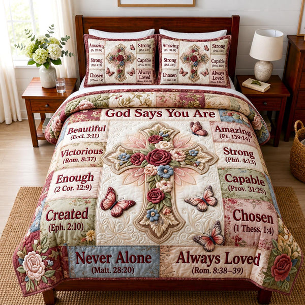 Floral Bible quilted 3-piece bedding set on a made bed in a softly lit bedroom