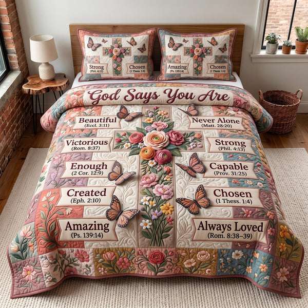 Floral Bible quilted 3-piece bedding set on a made bed in a softly lit bedroom