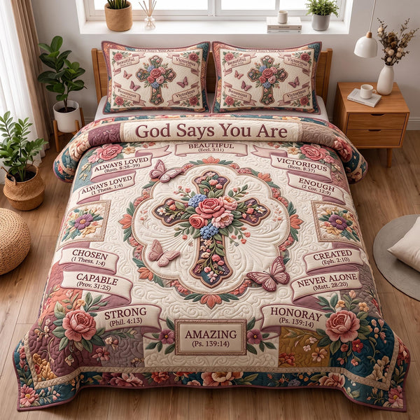 Floral Bible quilted 3-piece bedding set on a made bed in a softly lit bedroom