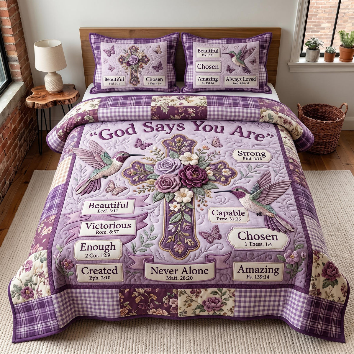 Floral Bible 3-Piece Quilted Bedding Set - Design 6 — quilt and two matching pillow shams