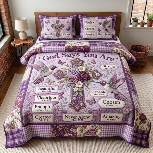 Floral Bible quilted 3-piece bedding set on a made bed in a softly lit bedroom