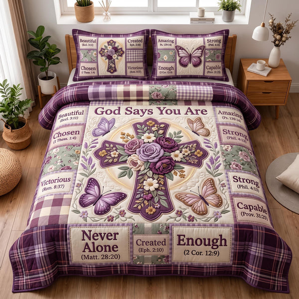 Floral Bible quilted 3-piece bedding set on a made bed in a softly lit bedroom