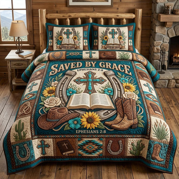 Faith Trails quilted 3-piece bedding set on a made bed in a softly lit bedroom