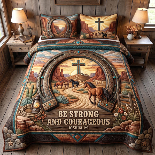 Faith Trails quilted 3-piece bedding set on a made bed in a softly lit bedroom