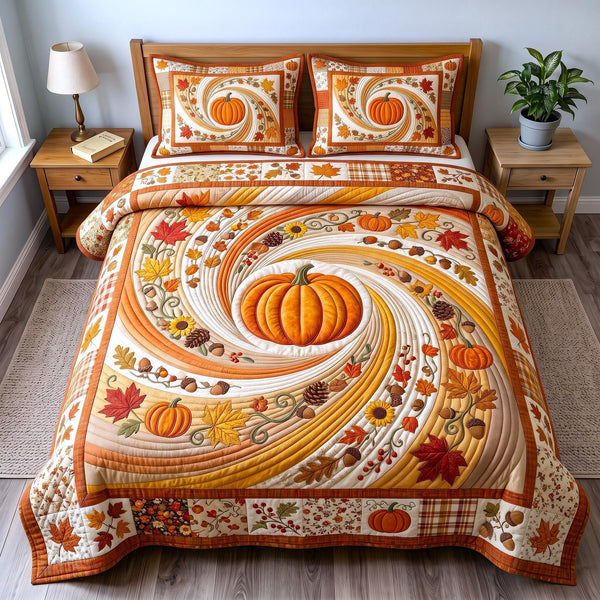 Autumn Vibes quilted 3-piece bedding set on a made bed with two matching pillow shams