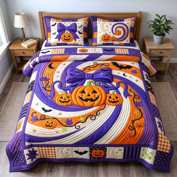 Autumn Bliss quilted 3-piece bedding set on a made bed with two matching pillow shams