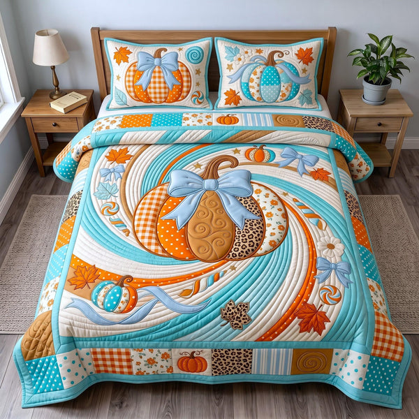 Autumn Charm quilted 3-piece bedding set on a made bed with two matching pillow shams