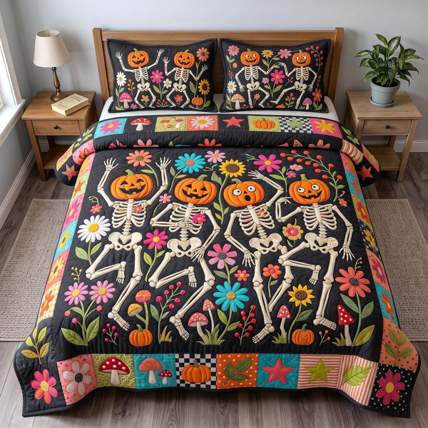 Autumn Vibes quilted 3-piece bedding set on a made bed with two matching pillow shams