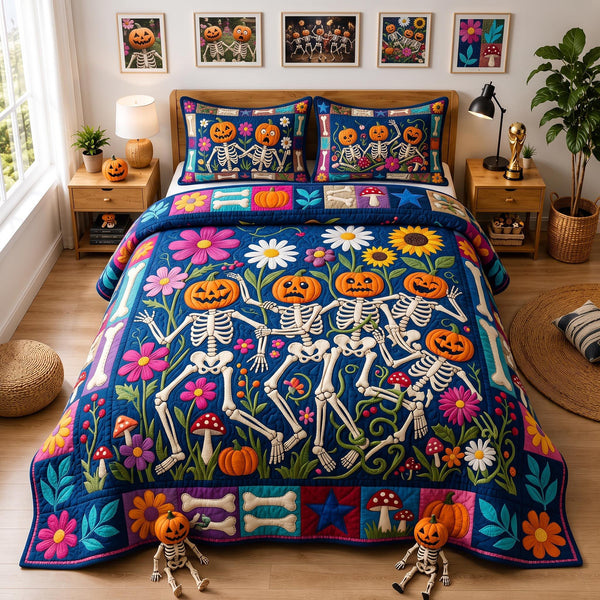 Autumn Pop quilted 3-piece bedding set on a made bed with two matching pillow shams