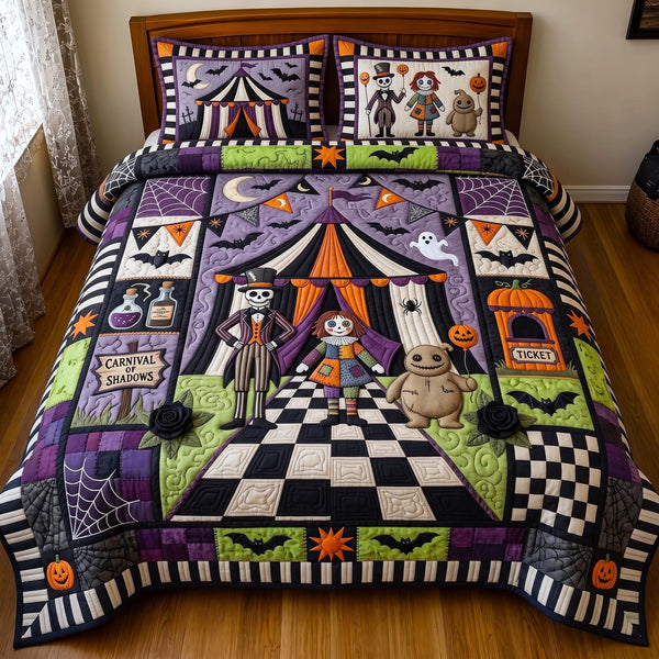 Carnival Nightmare quilted 3-piece bedding set on a made bed with two matching pillow shams