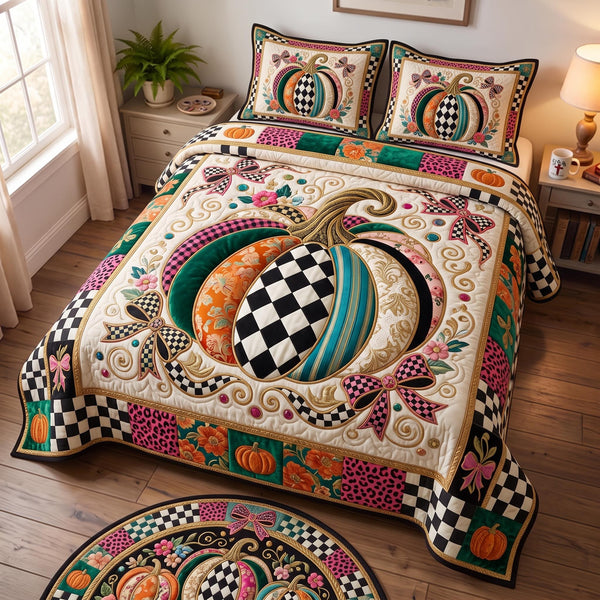 Boho Pumpkin quilted 3-piece bedding set on a made bed against a dark styled interior