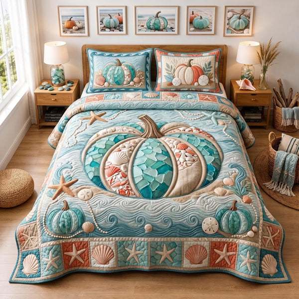 Coastal Pumpkin 3-Piece Quilted Bedding Set — quilt and two matching pillow shams