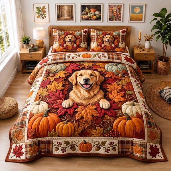 Autumn Golden quilted 3-piece bedding set on a made bed with two matching pillow shams