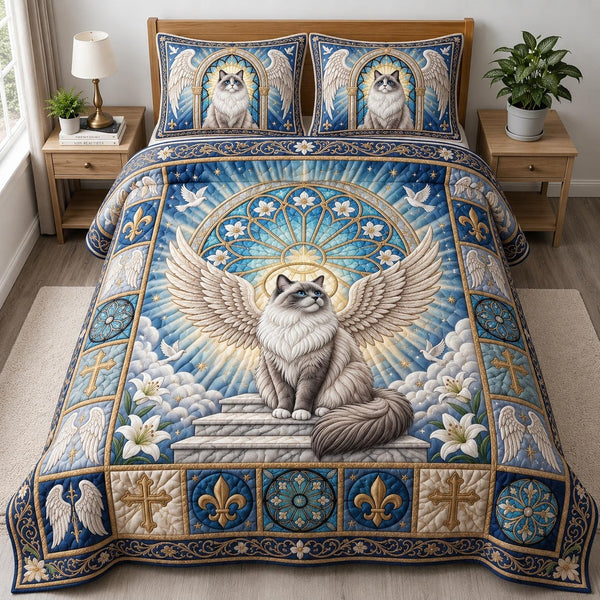 Angel Ragdoll quilted 3-piece bedding set on a made bed in a softly lit bedroom