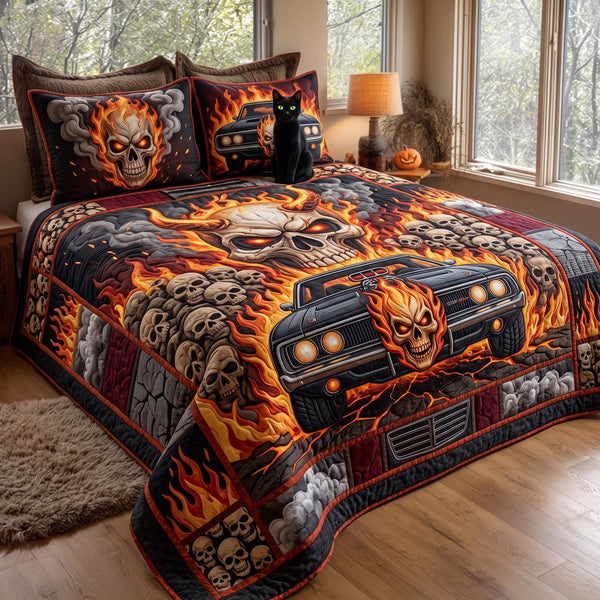 Flaming Skull quilted 3-piece bedding set on a made bed against a dark styled interior
