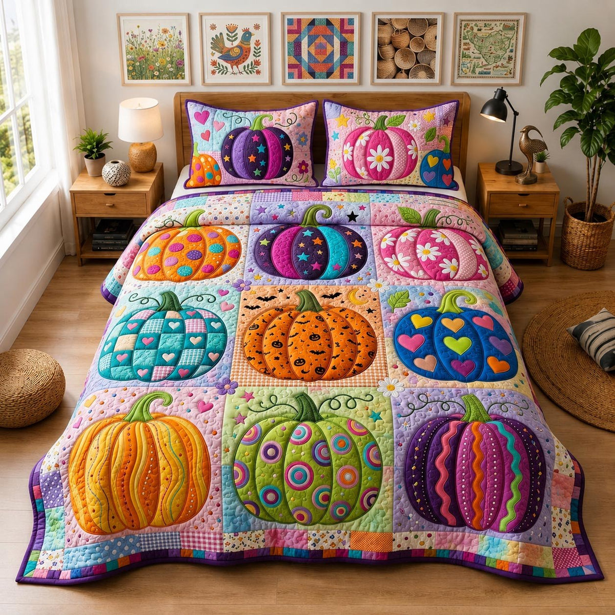 Boho Pumpkin 3-Piece Quilted Bedding Set - Design 2 — quilt and two matching pillow shams
