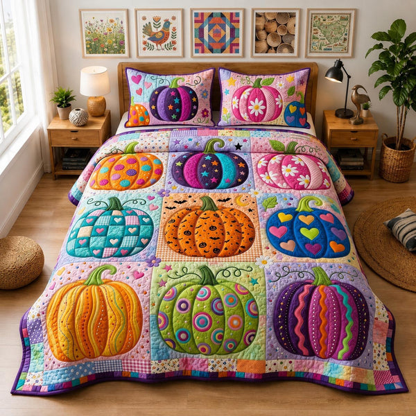 Boho Pumpkin quilted 3-piece bedding set on a made bed against a dark styled interior