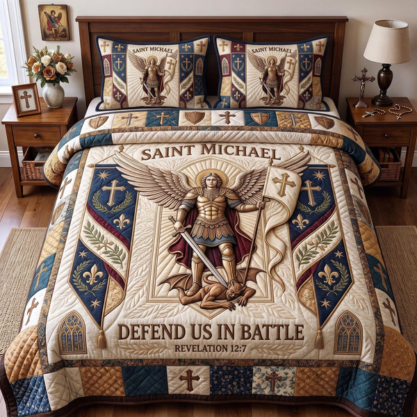 Defend In Battle quilted 3-piece bedding set on a made bed with two matching pillow shams