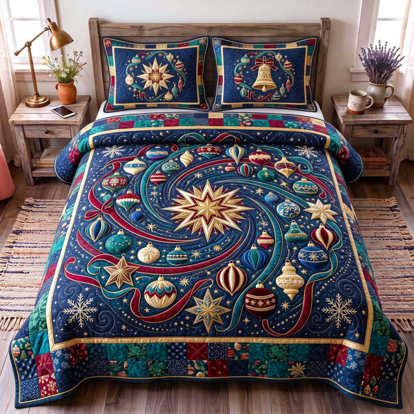 Celestial Christmas quilted 3-piece bedding set on a made bed in a winter-styled bedroom