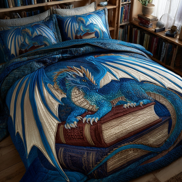 Dragon quilted 3-piece bedding set on a made bed with two matching pillow shams