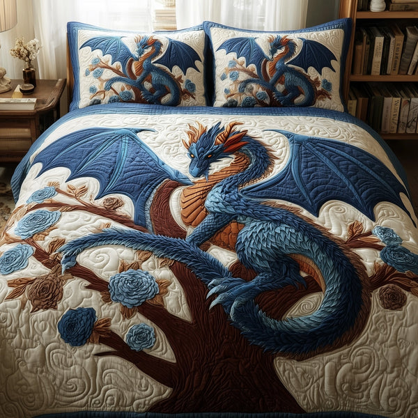 Dragon quilted 3-piece bedding set on a made bed with two matching pillow shams