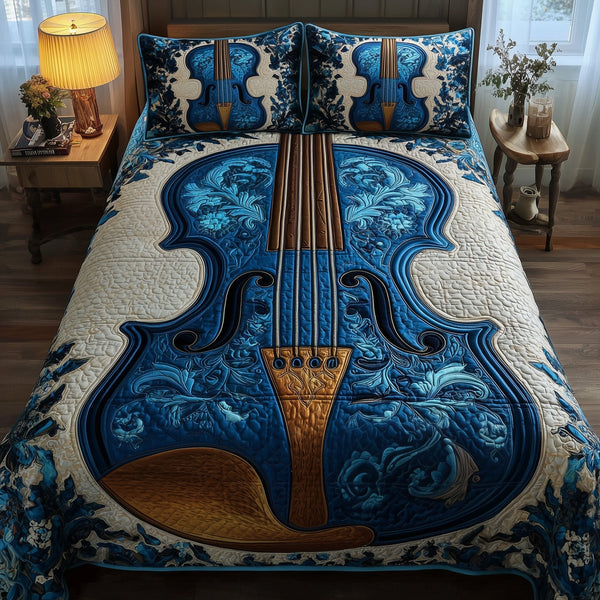 Elegant Violin quilted 3-piece bedding set on a made bed with two matching pillow shams