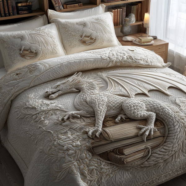 Dragon quilted 3-piece bedding set on a made bed with two matching pillow shams