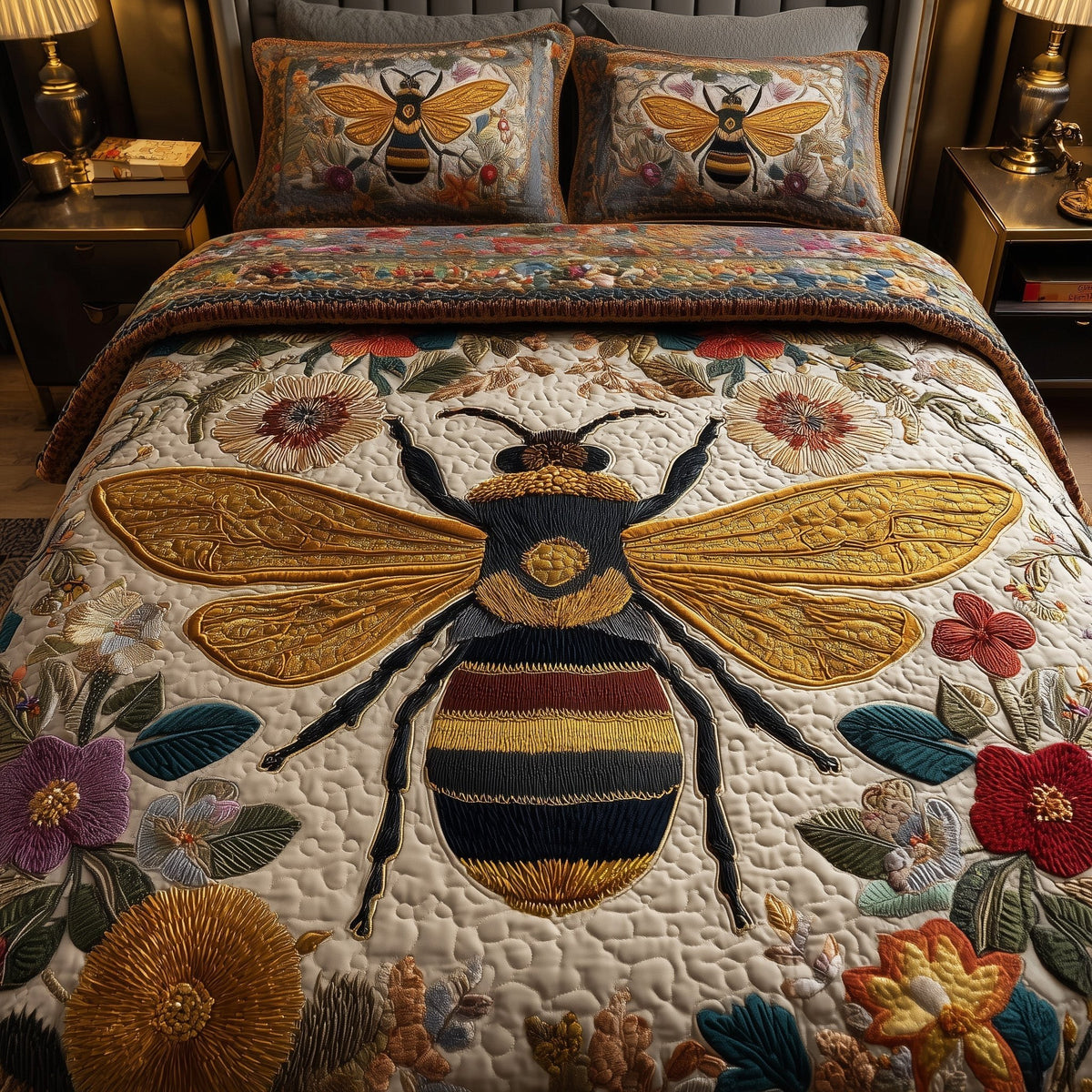 Bee 3-Piece Quilted Bedding Set - Design 1 — quilt and two matching pillow shams
