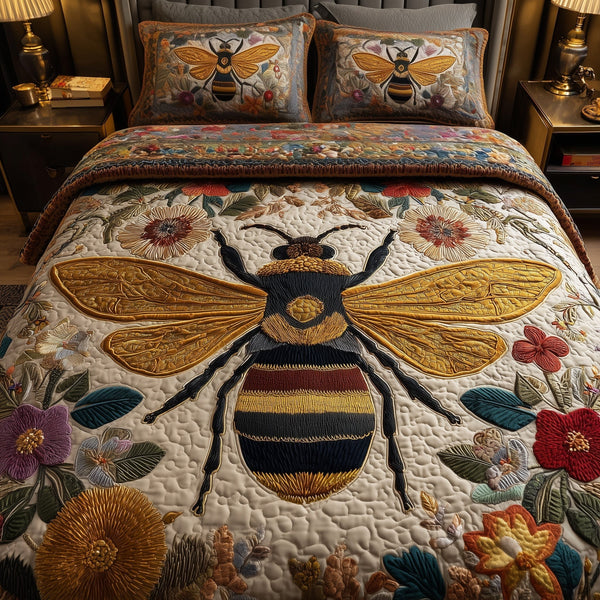Bee quilted 3-piece bedding set on a made bed with two matching pillow shams