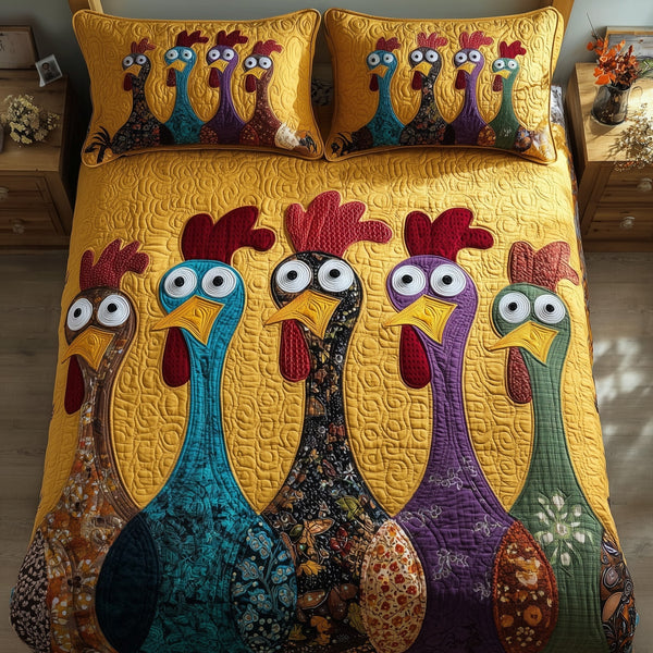Chicken quilted 3-piece bedding set on a made bed with two matching pillow shams