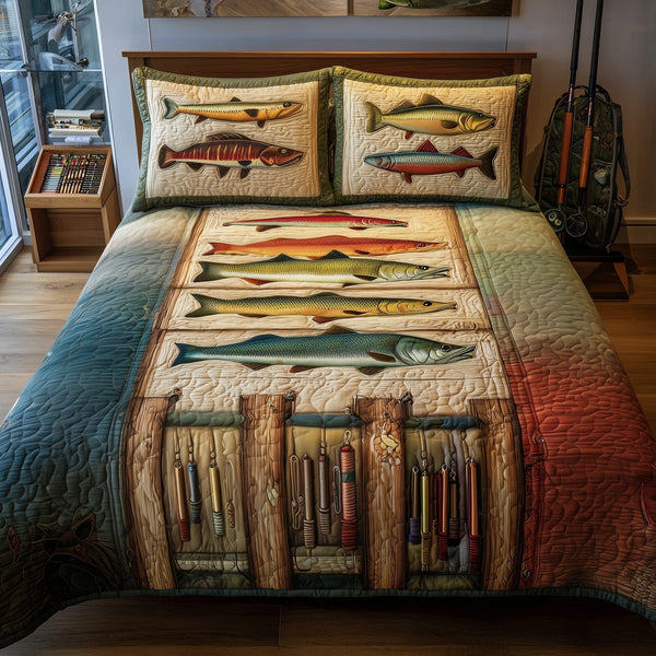 Fishing Delights 3-Piece Quilted Bedding Set - Design 4 — quilt and two matching pillow shams