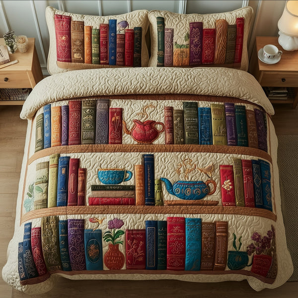 Cozy Book 3-Piece Quilted Bedding Set - Design 1 — quilt and two matching pillow shams