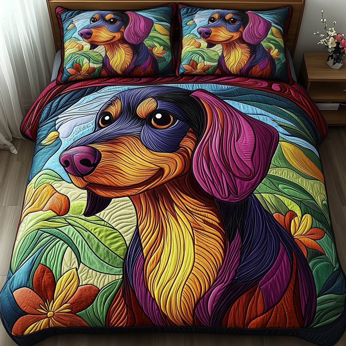 Dachshund 3-Piece Quilted Bedding Set - Design 1 — quilt and two matching pillow shams